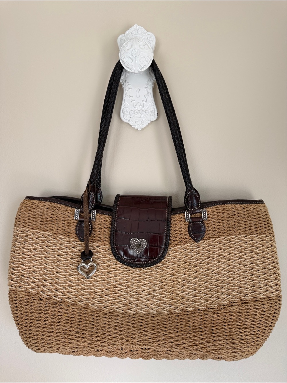 Brighton Brown and Natural Woven Tote with Heart Charm